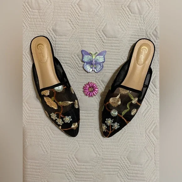 Black Mesh Floral Embroidered Mules Size 8 - Picture 1 of 7